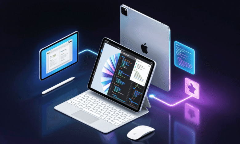 Apple iPad Pro and accessories showcasing seamless connectivity and coding interface.