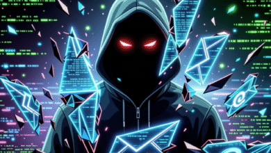 Cyberpunk-style illustration of a hooded figure with glowing red eyes amidst shattered digital email fragments and code.