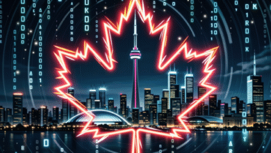Neon Canadian maple leaf graphic superimposed on Toronto skyline at night, surrounded by binary code.