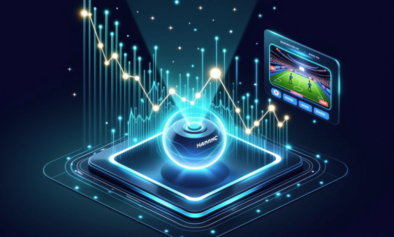 Futuristic graphic showing a glowing sphere with a graph and a live soccer game, representing sports betting analytics.