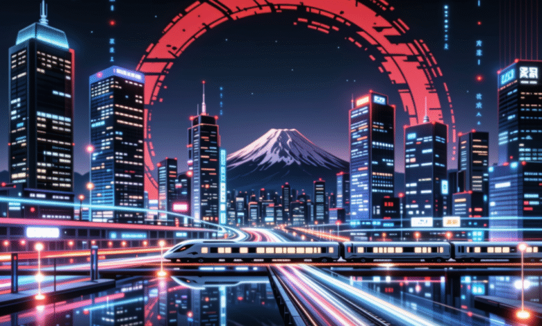Futuristic cityscape at night with Mount Fuji in the background, a high-speed train passes through, vibrant neon lights illuminate the scene.