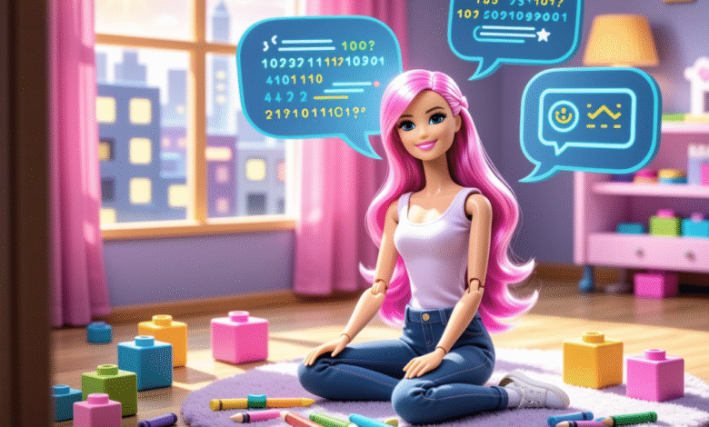 Barbie doll sits on a rug in a child's room, surrounded by colorful blocks and crayons, with thought bubbles containing code and icons above her head.