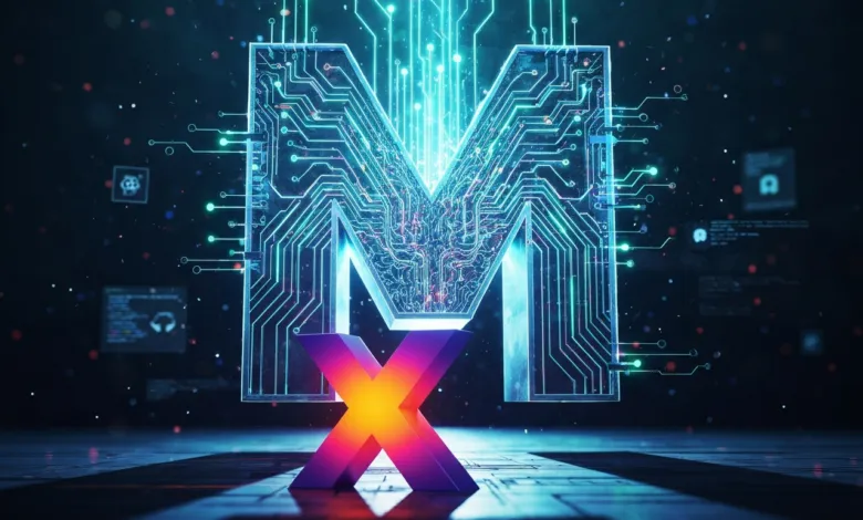 Abstract digital art featuring 'MX' logo with circuit board design.