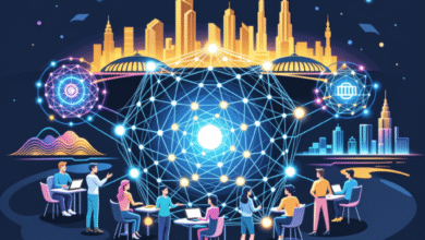 Global network connecting people and cities, vibrant illustration.