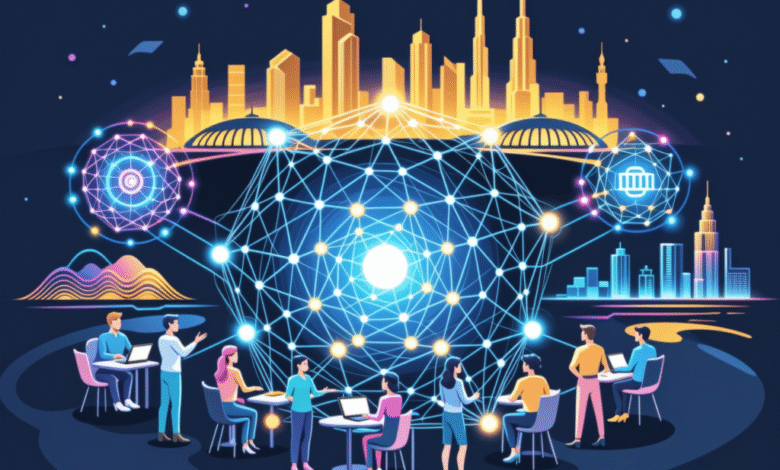 Global network connecting people and cities, vibrant illustration.