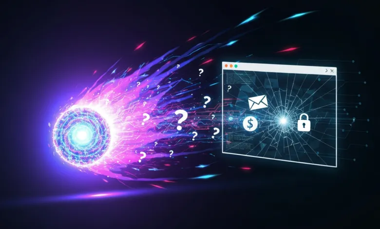 Cybersecurity threat: Glowing orb impacts a cracked window with security icons.