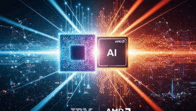 IBM and AMD processors powering AI, depicted with glowing circuits and city backdrop.