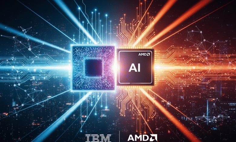 IBM and AMD processors powering AI, depicted with glowing circuits and city backdrop.
