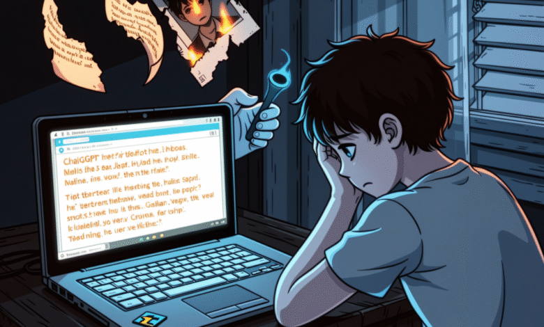 Young boy looking distressed at a laptop screen with burning photos and notes nearby.