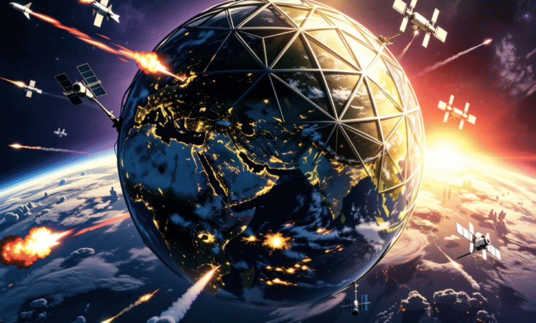 Earth encased in a geodesic dome under attack from missiles and satellites.