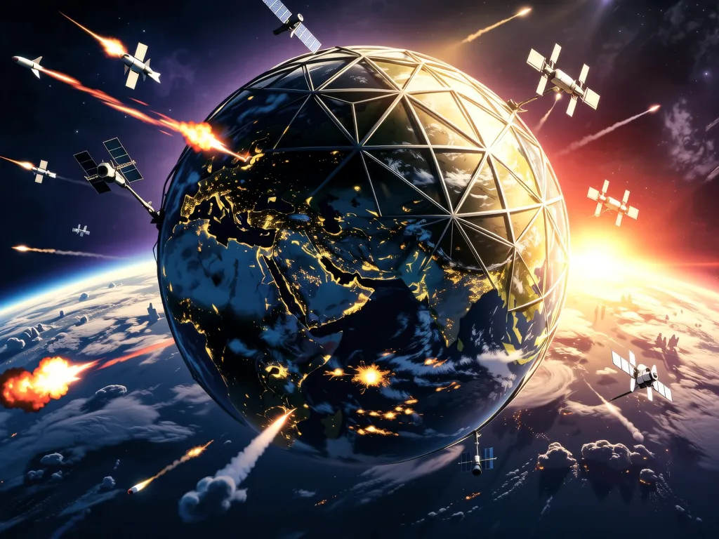 Earth encased in a geodesic dome under attack from missiles and satellites.