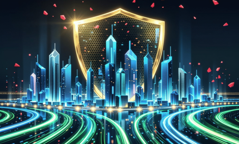 Futuristic city skyline protected by a golden shield, glowing neon roads, and red particles.