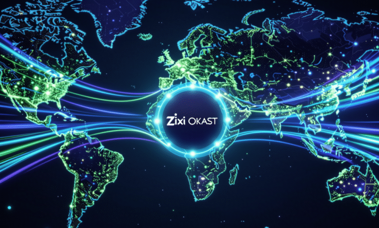 Zixi OKast logo centered on a glowing world map, showcasing global network connectivity.