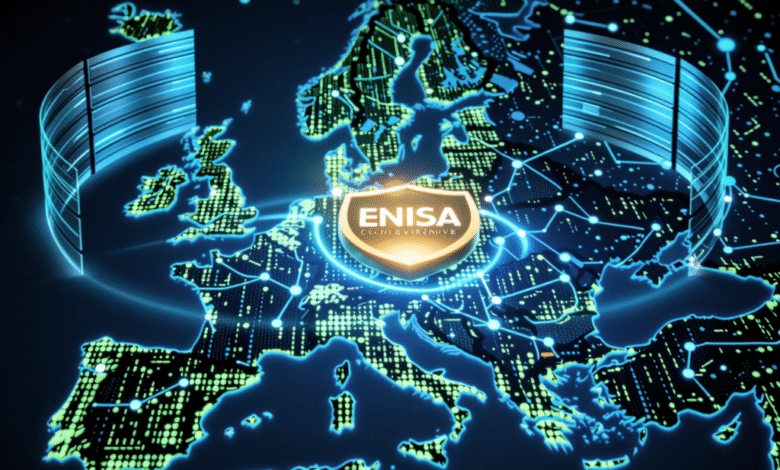 ENISA cybersecurity shield on a digital map of Europe, highlighting EU-wide network protection.