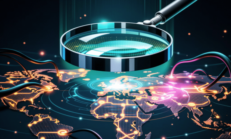 Magnifying glass over a glowing world map, highlighting global network connections.