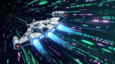 Spaceship traveling through a digital tunnel of binary code, futuristic concept.