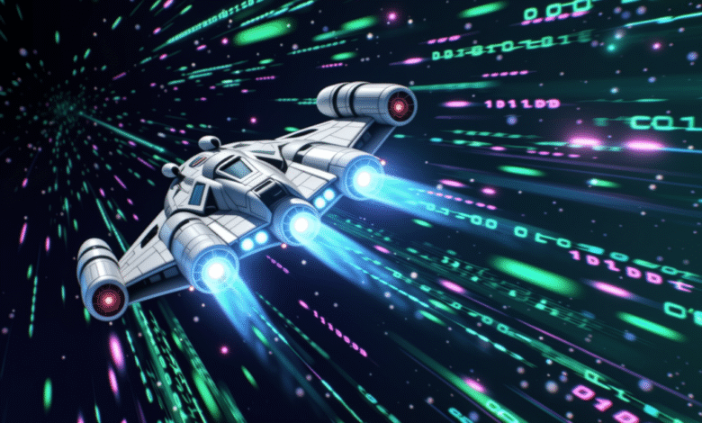 Spaceship traveling through a digital tunnel of binary code, futuristic concept.