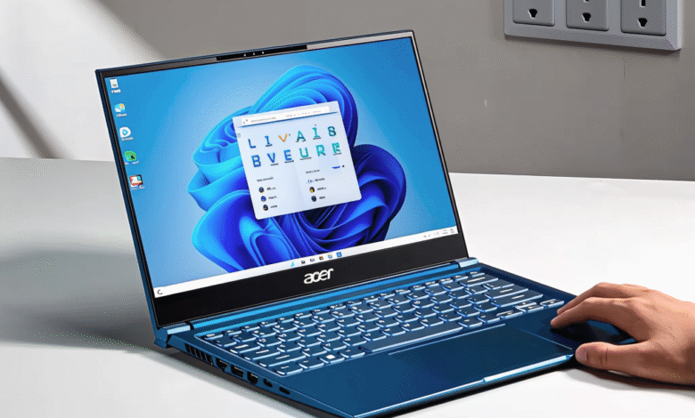 Blue Acer laptop displaying Windows 11, resting on a white surface near a power outlet.