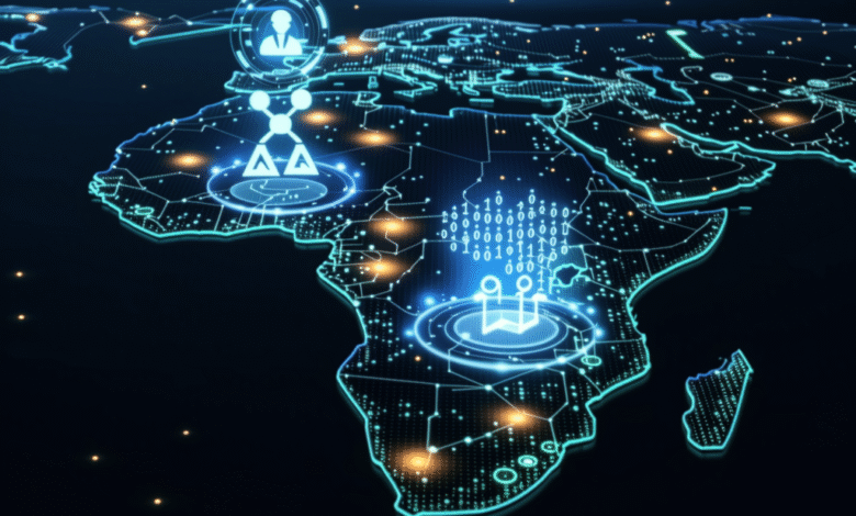 Global network map with digital icons showing connections and data flow across Africa.