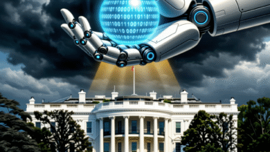 Robotic hand holding a glowing data sphere over the White House, ominous clouds overhead.