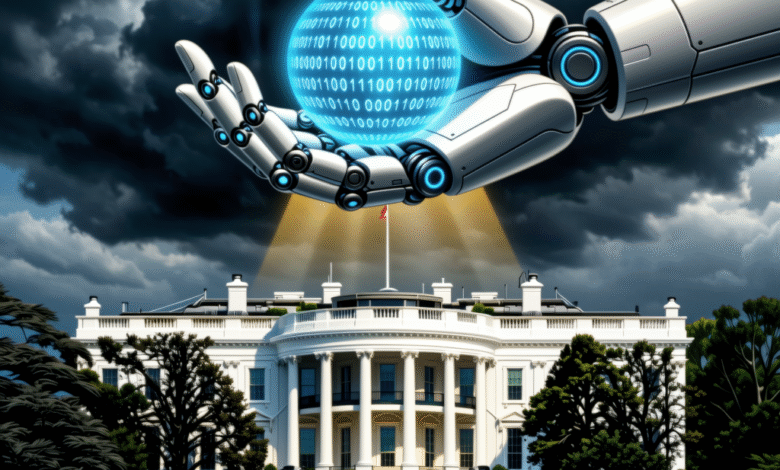Robotic hand holding a glowing data sphere over the White House, ominous clouds overhead.