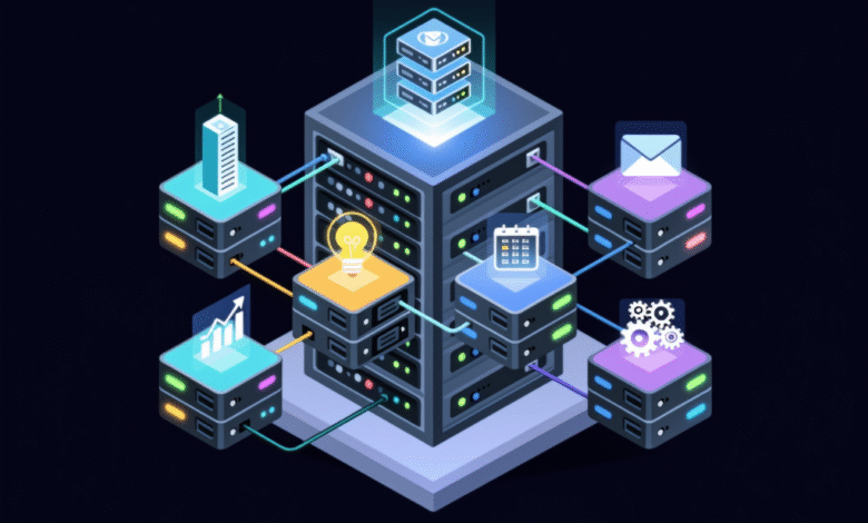 Isometric illustration of a server rack connected to various data cubes representing email, calendar, ideas, and growth.