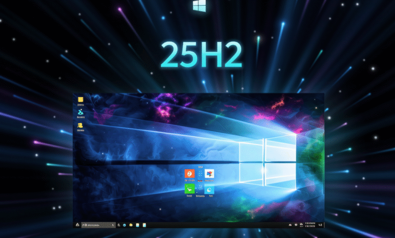 Windows 25H2 desktop showcasing a vibrant, cosmic-themed wallpaper with glowing streaks.