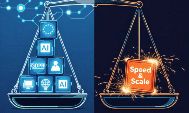 AI vs. Speed & Scale: A scale balances AI regulations (GDPR, data privacy) against the benefits of rapid growth and scalability.