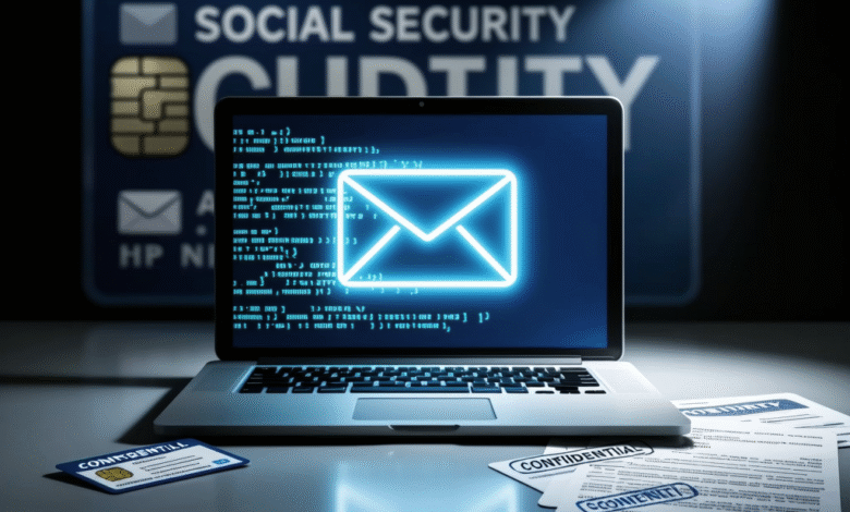 Laptop displaying an email icon against a backdrop of a Social Security card and confidential documents, illustrating the risk of online data breaches.