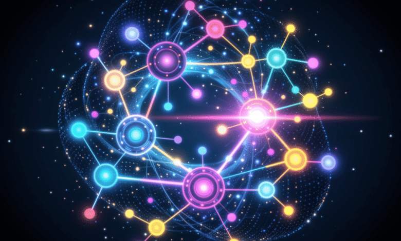 Abstract glowing network sphere with interconnected nodes, vibrant colors on dark background.