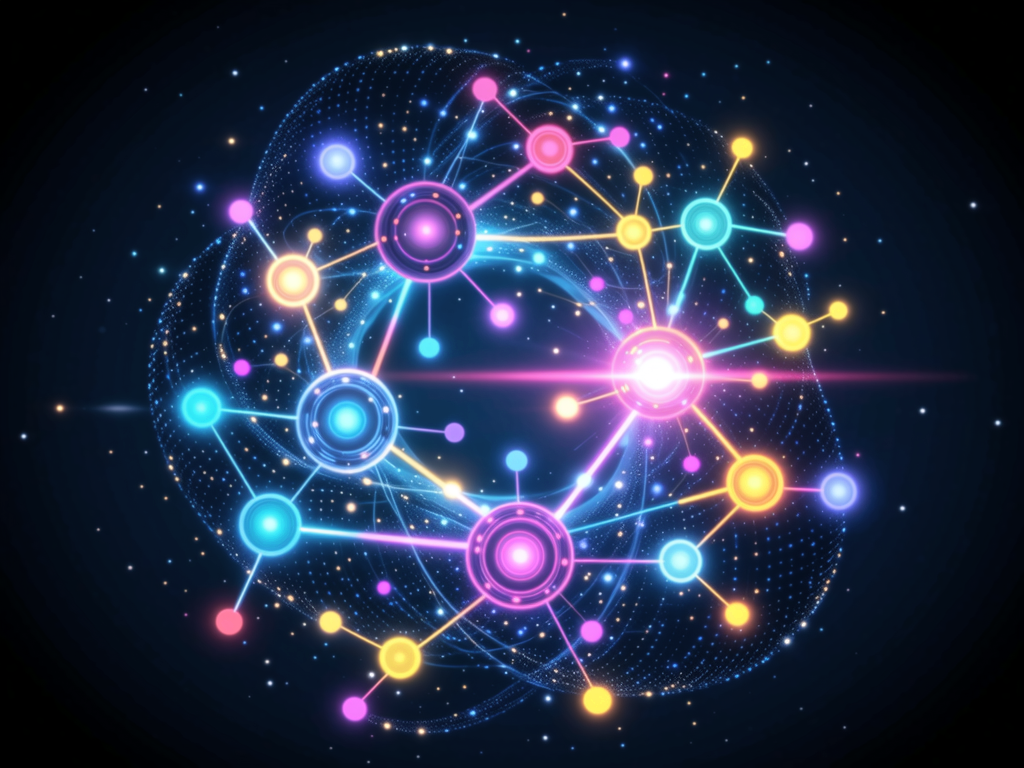 Abstract glowing network sphere with interconnected nodes, vibrant colors on dark background.