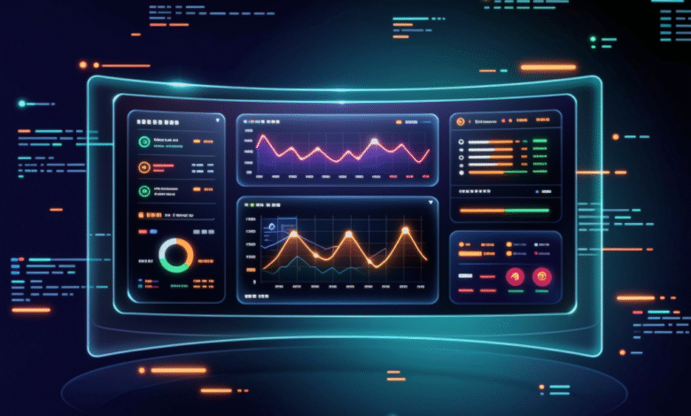 Futuristic digital dashboard displays graphs, charts, and data visualizations with vibrant neon colors.