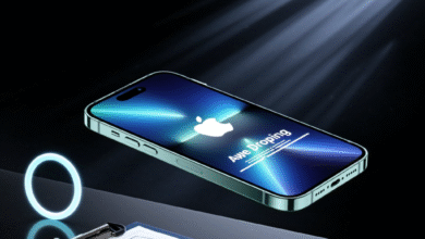 A sleek, light-green iPhone hovers above a clipboard with design sketches, showcasing a futuristic 'Awe Dropping' update.