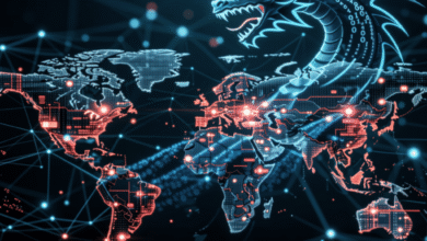 Cybersecurity threat: A digital dragon looms over a world map, symbolizing global cyberattacks.
