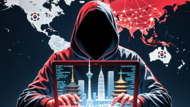 Hooded figure hacking, laptop displays Asian city skyline & world map with South Korean flag.