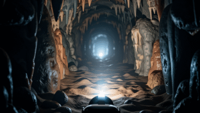 VR headset exploring a virtual cave with glowing stalactites and a sandy floor.
