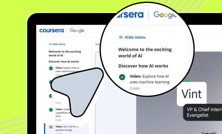 Laptop screen showing Coursera Google AI course with Vint Cerf's video on machine learning.