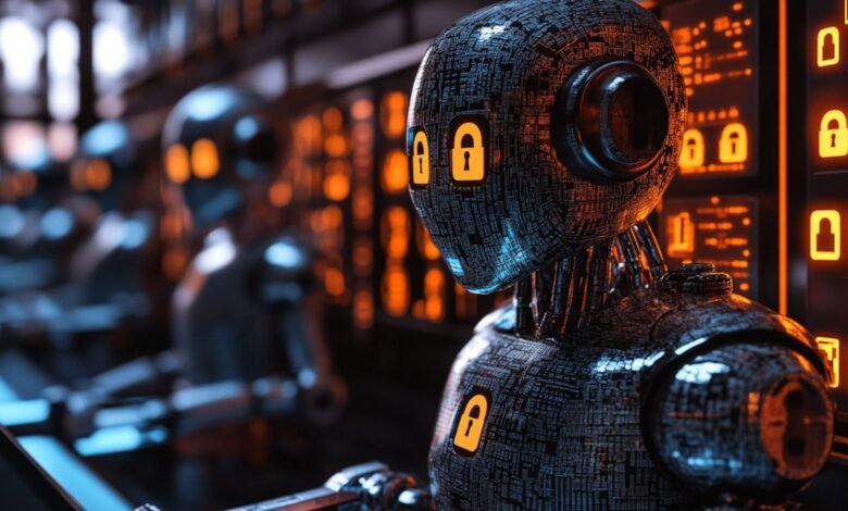 AI robots with lock icons on their bodies, working in a dark server room with glowing screens.