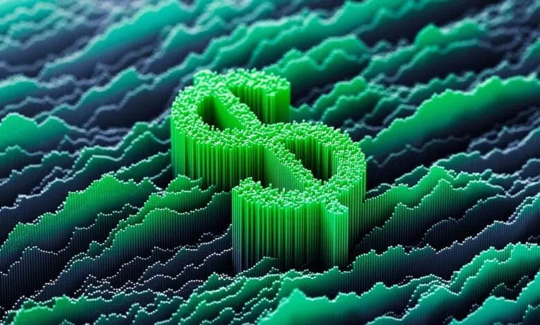 A 3D rendering of a dollar sign formed by green vertical lines rising from a textured, wave-like background of teal and dark green.