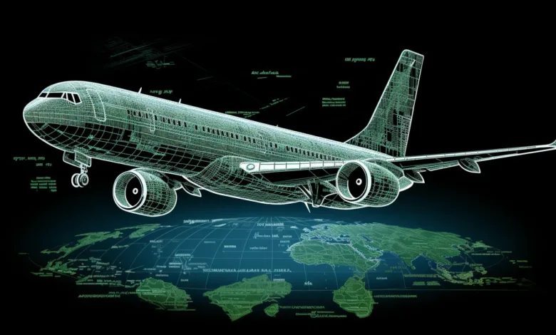 Wireframe model of an airplane above a world map, showcasing global air travel.