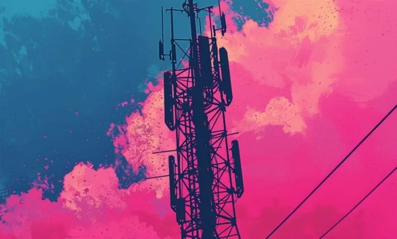 Silhouette of a cell tower against a vibrant pink and teal sky, stylized with paint strokes.