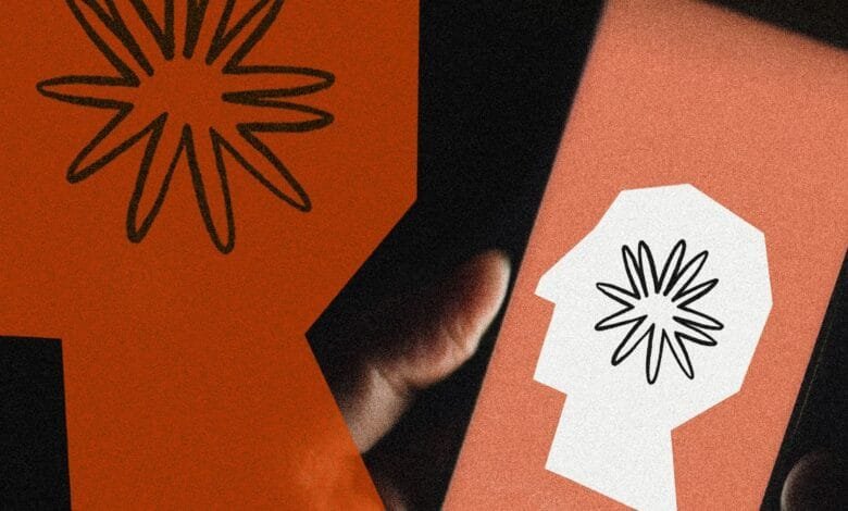 Abstract art: Two stylized heads, one on a phone screen, both with a central flower design. Burnt orange and white.