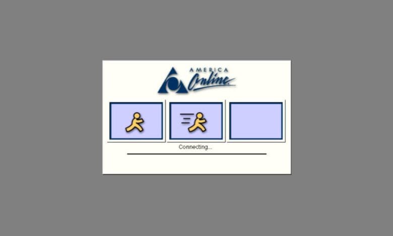 America Online (AOL) connection screen showing a progress bar and running figure icons.