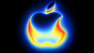 Apple logo rendered in vibrant blue, orange, and yellow hues, appearing as if it's glowing or on fire.