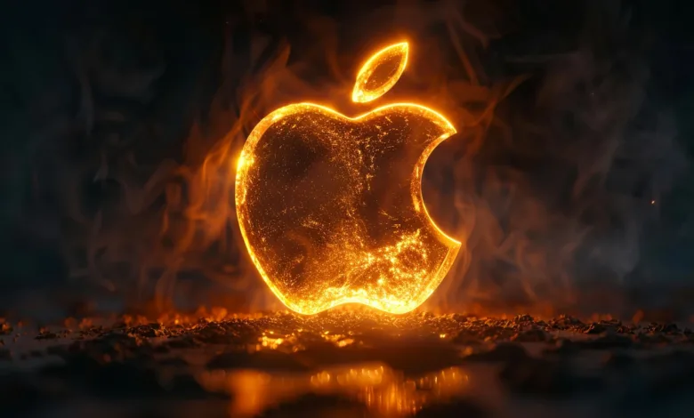Fiery Apple logo engulfed in flames and smoke, set against a dark background.