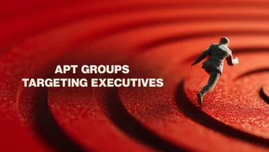 A miniature figure runs away from concentric circles on a red surface, illustrating APT groups targeting executives.