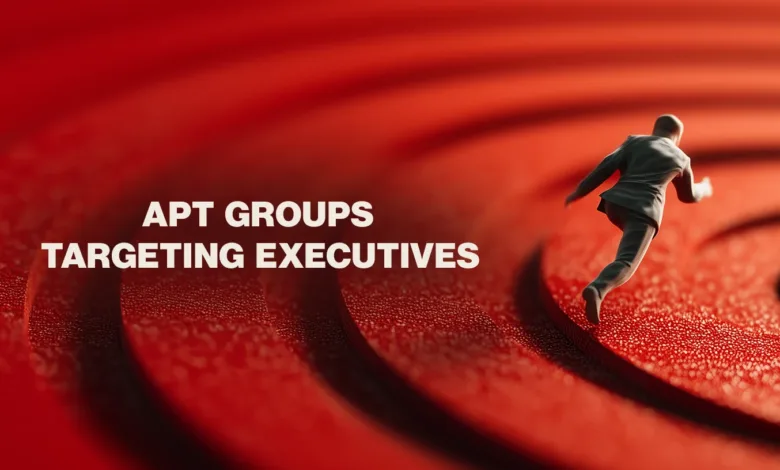 A miniature figure runs away from concentric circles on a red surface, illustrating APT groups targeting executives.