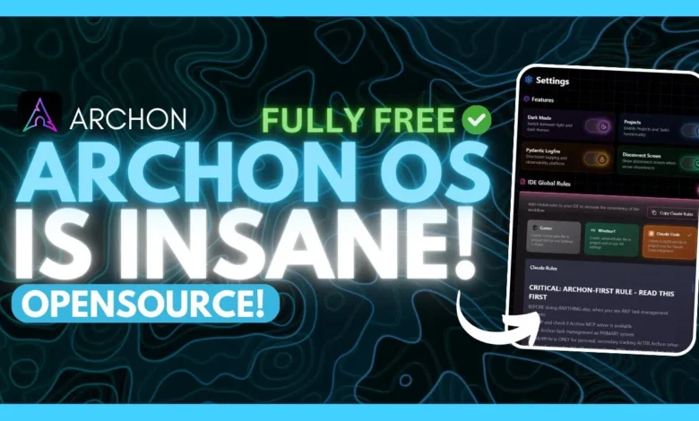 Archon OS, a free and open-source operating system, shown on a phone screen with its features highlighted. Dark and sleek design.