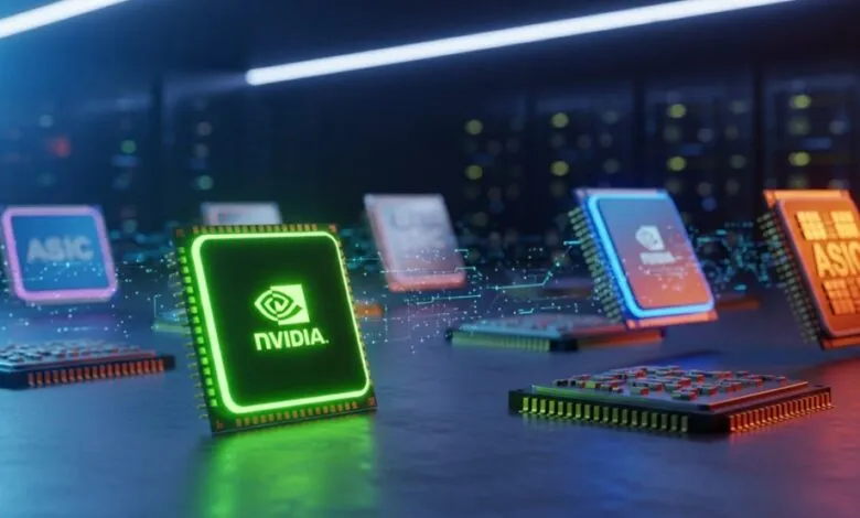 Nvidia GPU chip surrounded by ASIC chips in a server room setting.