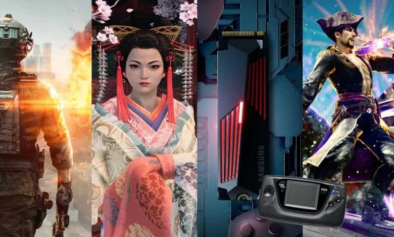 Video game collage: soldier, geisha, graphics card, pirate, Sega Game Gear.